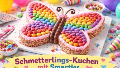 Schmetterlingskuchen mit Smarties für den Kindergeburtstag
