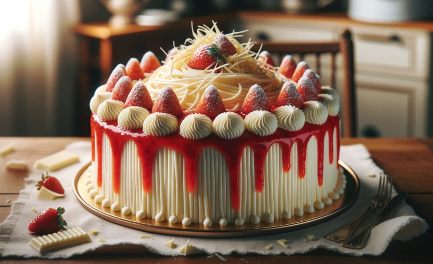 Spaghetti Eis Torte - ohne Backen - Kuchen mit Keksboden und Erdbeerpüree