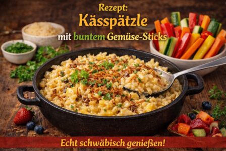 Käsespätzle mit bunten Gemüse Sticks. Tolles Hauptgericht für Kinder