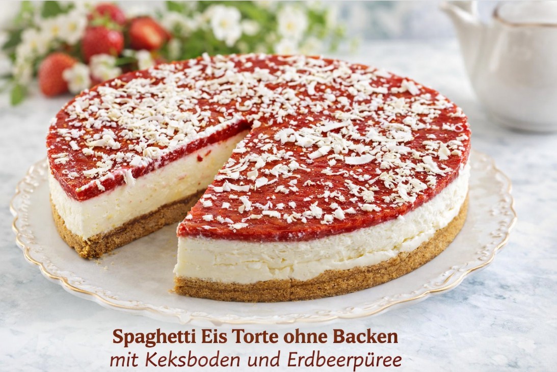 Spaghetti Eis Torte - ohne Backen - Kuchen mit Keksboden und Erdbeerpüree