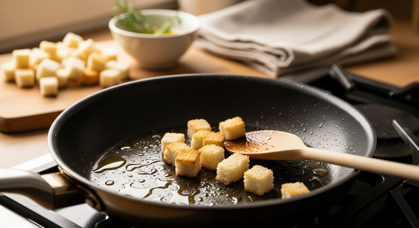 Croutons selber machen in der Pfanne mit wenigen Handgriffen