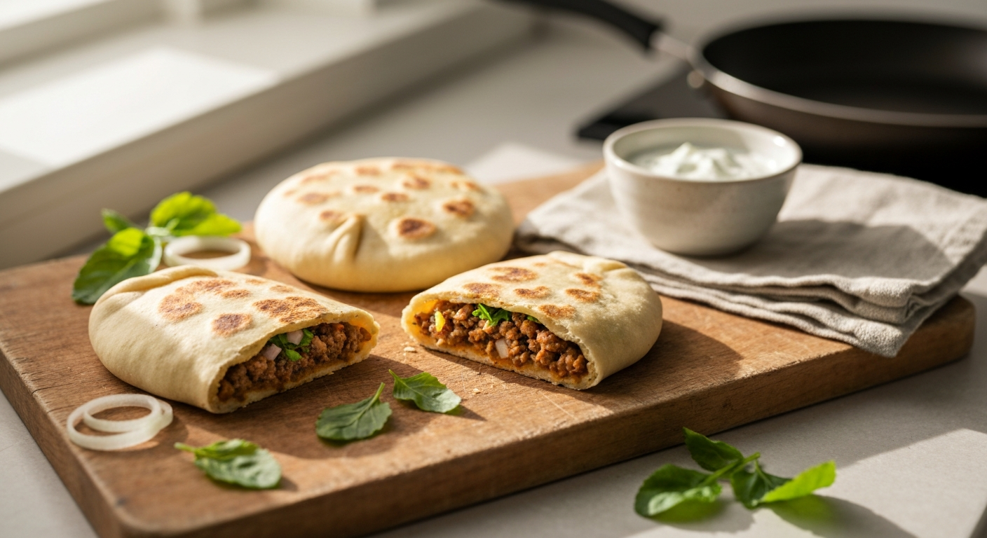 Rezept: Gefülltes Fladenbrot mit Hackfleisch und Gewürzen