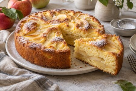 Apfelkuchen mit Pudding und angeschnittenem Kuchenstück – mit KI erstellt [Bildinhalt mit KI erstellt]