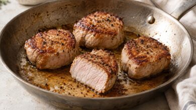 Gebratene Schweinefiletmedaillons in der Pfanne – mit KI erstellt [Bildinhalt mit KI erstellt]