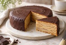 Angeschnittener Baumkuchen mit feinen gebackenen Schichten – mit KI erstellt [Bildinhalt mit KI erstellt]